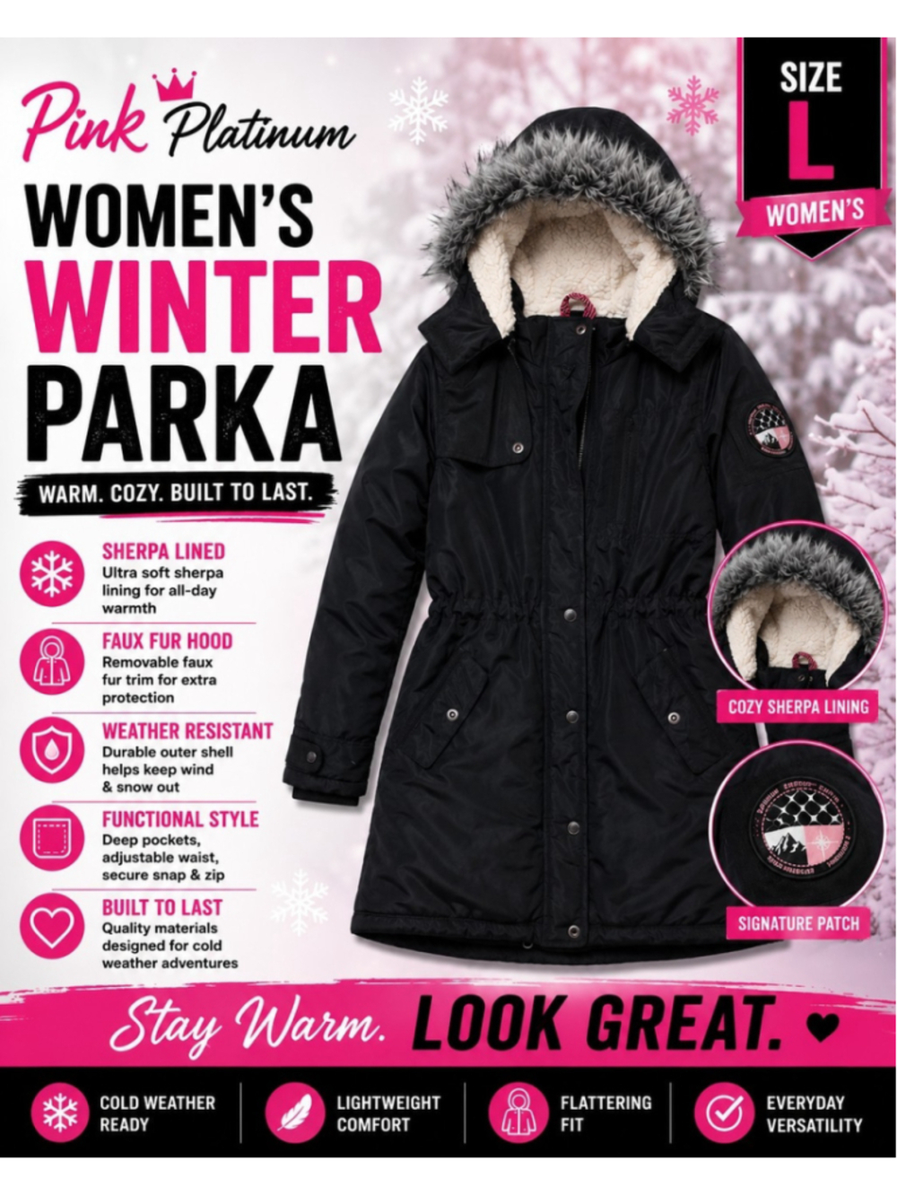 Pink Platinum Women's Large Black Faux Fur Hooded Winter Parka Coat Sherpa Lined